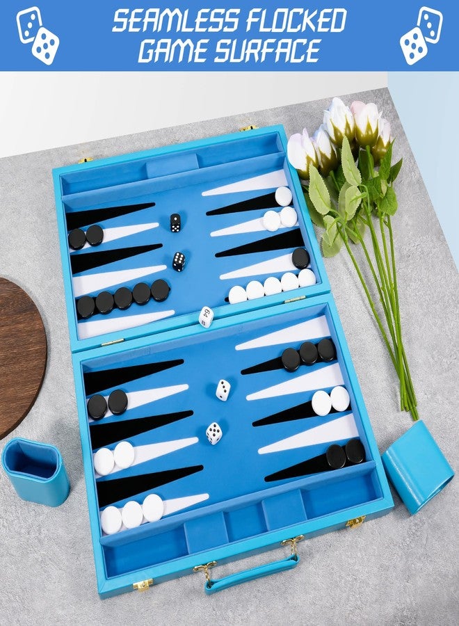 Froggod Travel Backgammon Sets for Adults - 15 Inch Premium Backgammon Set - PU Leather Case with Seamless Flocked Game Surface - Classic Board Games for 2 Player and Gift for Men(Light Blue) - Image 3